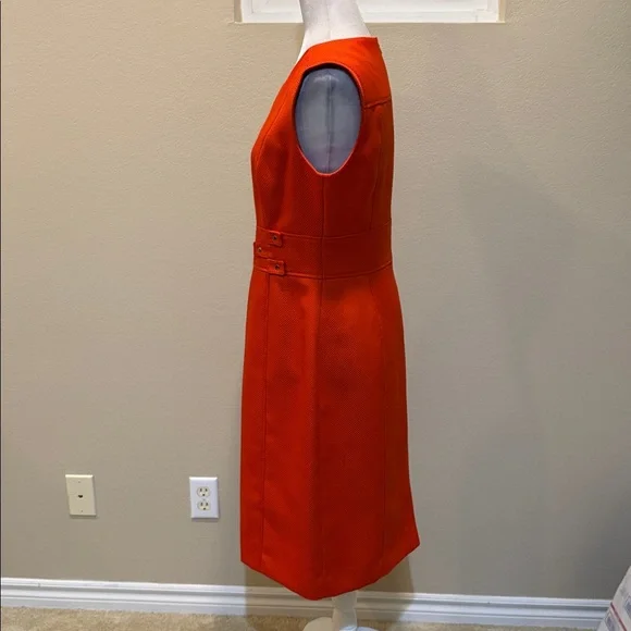 Structured Dark Orange Midi Sheath Dress with Gold Button Waist Detail-Size 8 - Picture 8 of 15